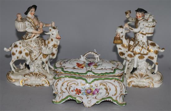 A Dresden casket and a pair of Derby figures